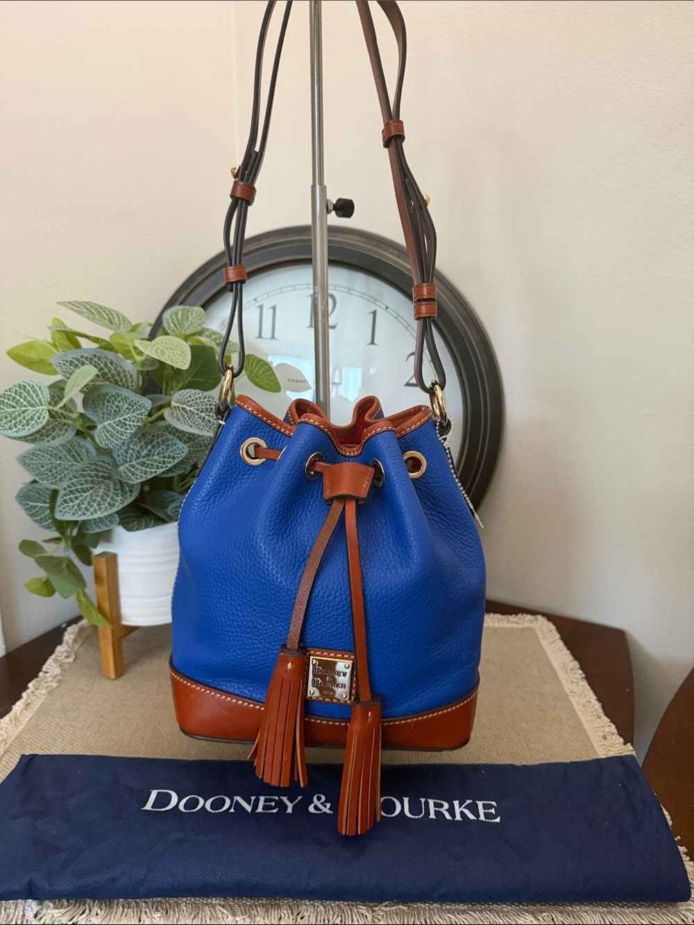 Dooney & Bourke Blue Leather Drawstring Bucket Bag with Brown Trim and Tassels